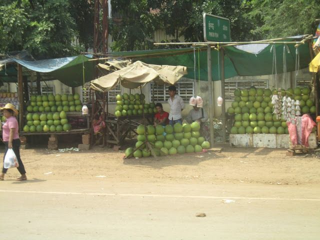 Puesto de cocos a la orilla de la carretera de camino a Kompong Thom, Camboya