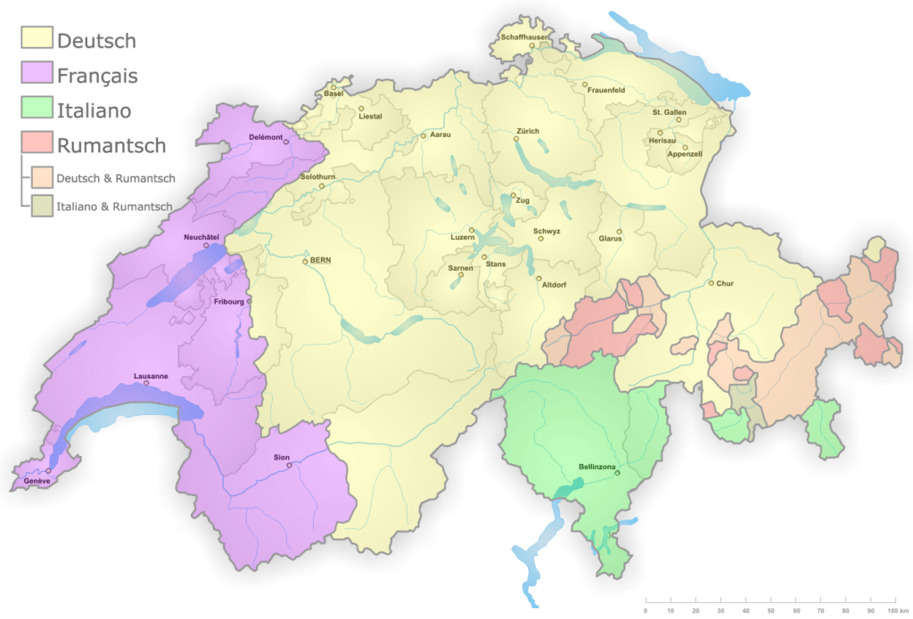 Mapa de los idiomas hablados en Suiza